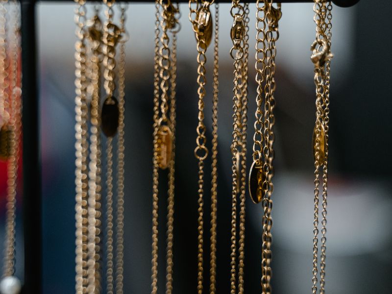 Gold diamond chains displayed together